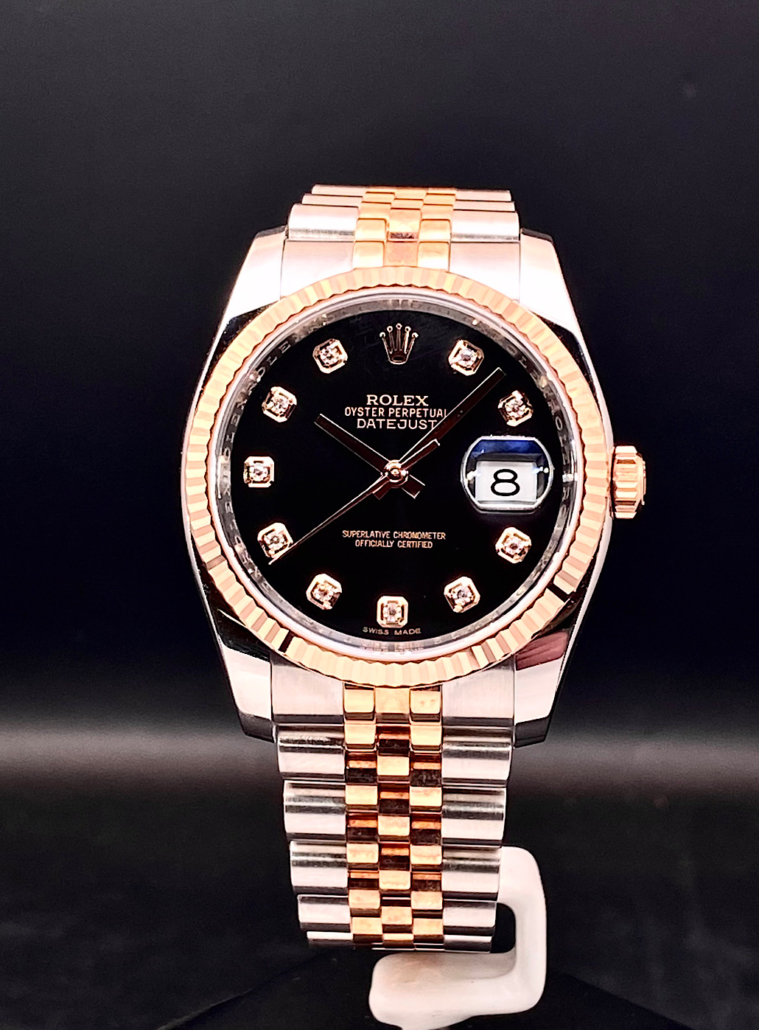Rolex 116231 DateJust Black Roman Dial Jubilee Stainless Steel and Rose Gold  36mm - Luxury Watches USA